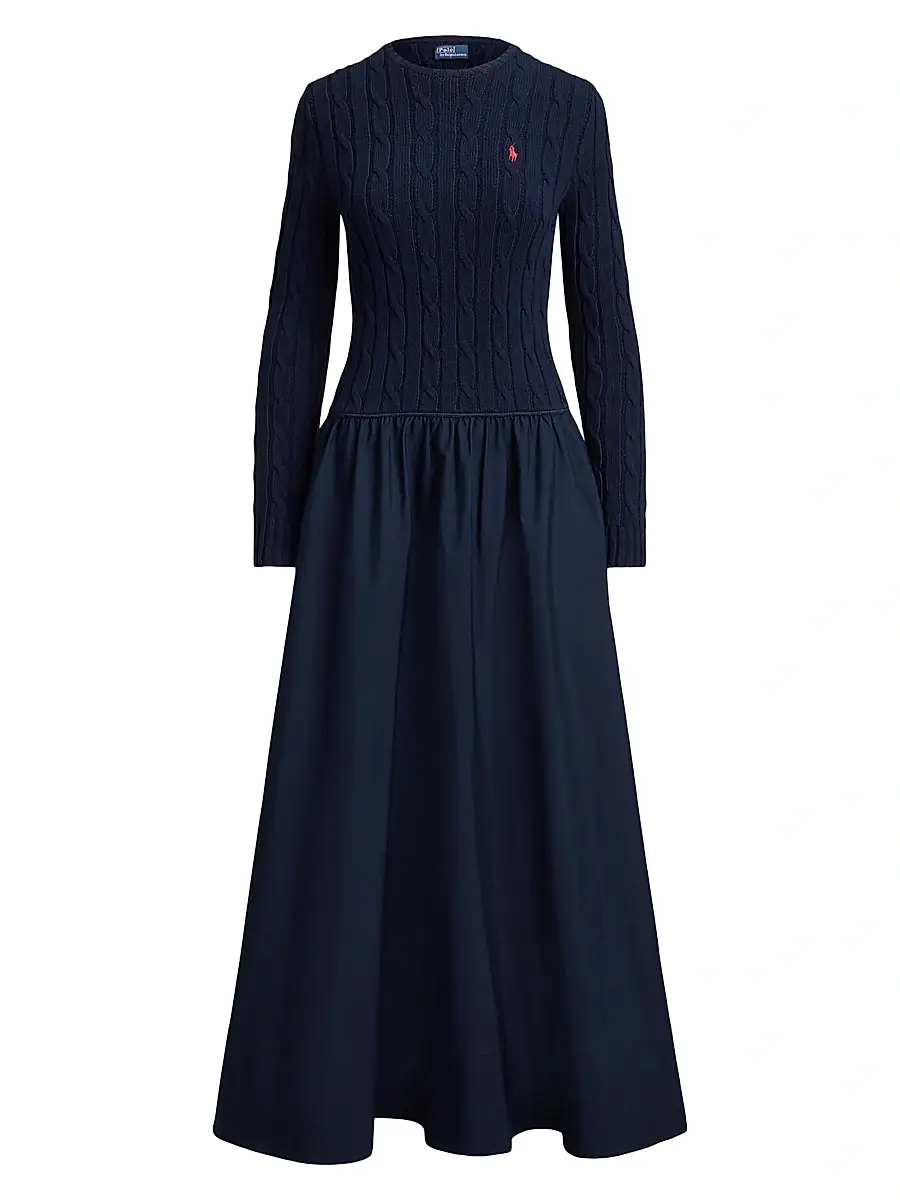 Polo Ralph Lauren Women's Cable Bodice Drop Waist Maxi Shirtdress - Hunter Navy | Image 1 Polo Ralph Lauren Women's Cable Bodice Drop Waist Maxi Shirtdress - Hunter Navy | Image 1