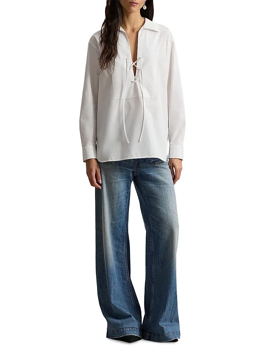 Polo Ralph Lauren Women's Lace-Up Bib Cotton Shirt | Thumbnail 2 Polo Ralph Lauren Women's Lace-Up Bib Cotton Shirt | Thumbnail 2