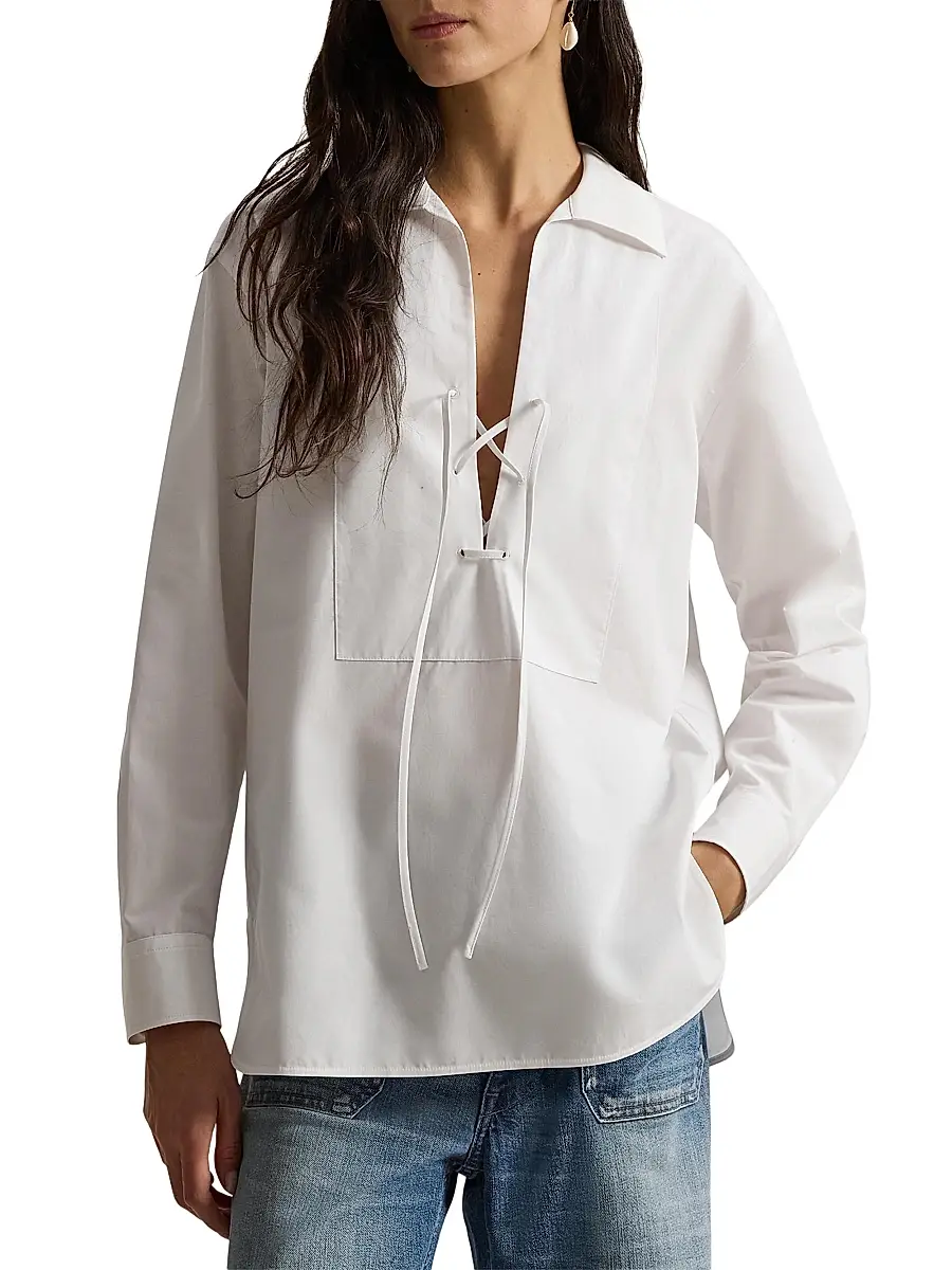 Polo Ralph Lauren Women's Lace-Up Bib Cotton Shirt | Thumbnail 3 Polo Ralph Lauren Women's Lace-Up Bib Cotton Shirt | Thumbnail 3