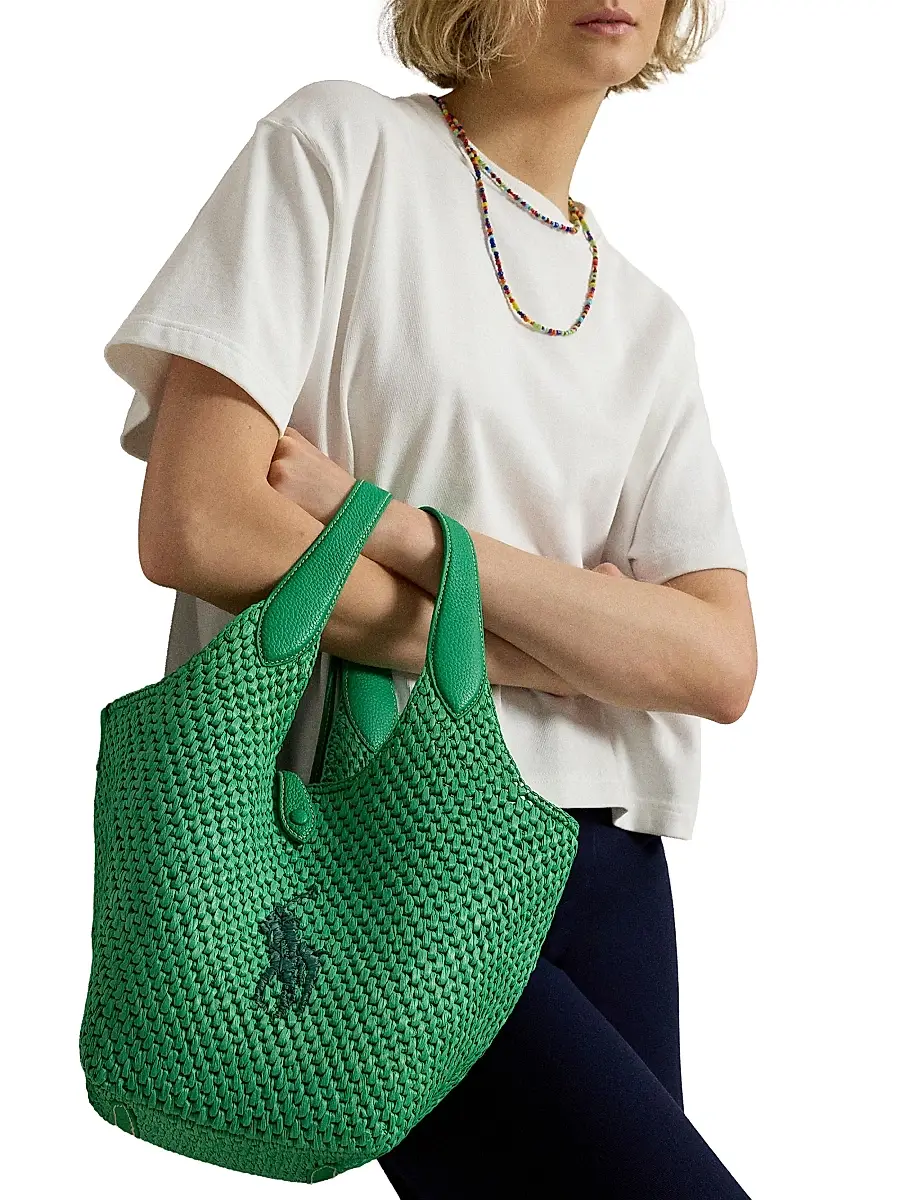 Polo Ralph Lauren Women's Medium Logo-Embroidered Raffia Tote Bag | Thumbnail 3 Polo Ralph Lauren Women's Medium Logo-Embroidered Raffia Tote Bag | Thumbnail 3