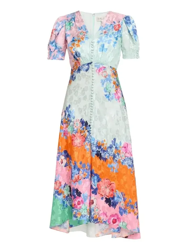 Lea Floral Silk Jacquard Button-Front Midi Dress Lea Floral Silk Jacquard Button-Front Midi Dress