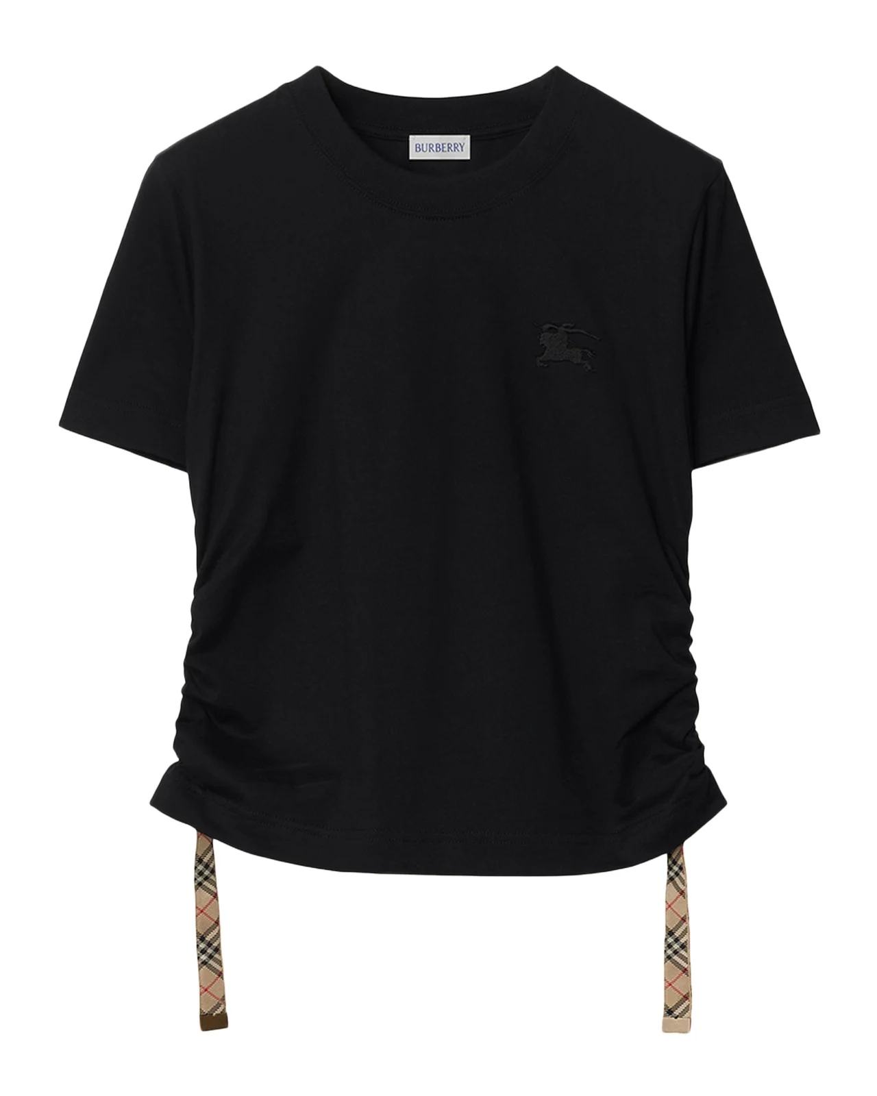 Check-Tie Ruched Short-Sleeve Crop T-Shirt