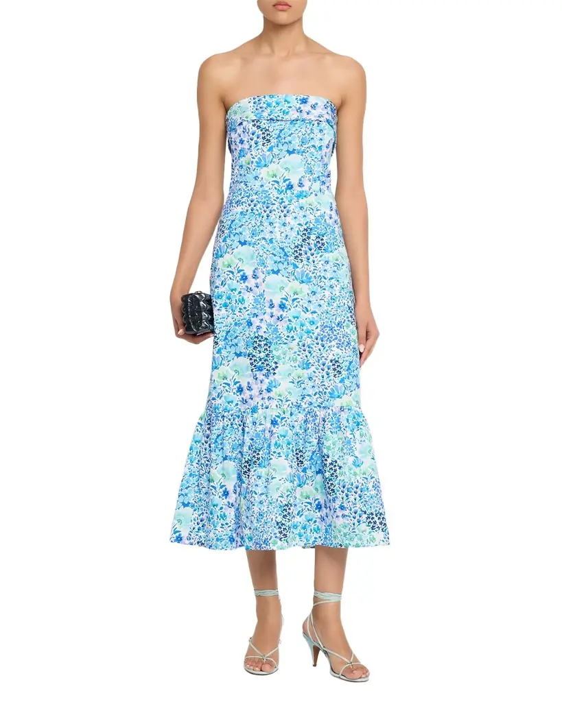 Shoshanna Wright Strapless Floral-Print Flounce Midi Dress | Image 1 Shoshanna Wright Strapless Floral-Print Flounce Midi Dress | Image 1