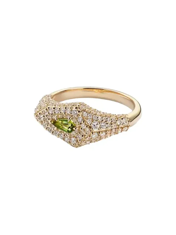 Shield 14kt gold ring with diamonds and tourmaline