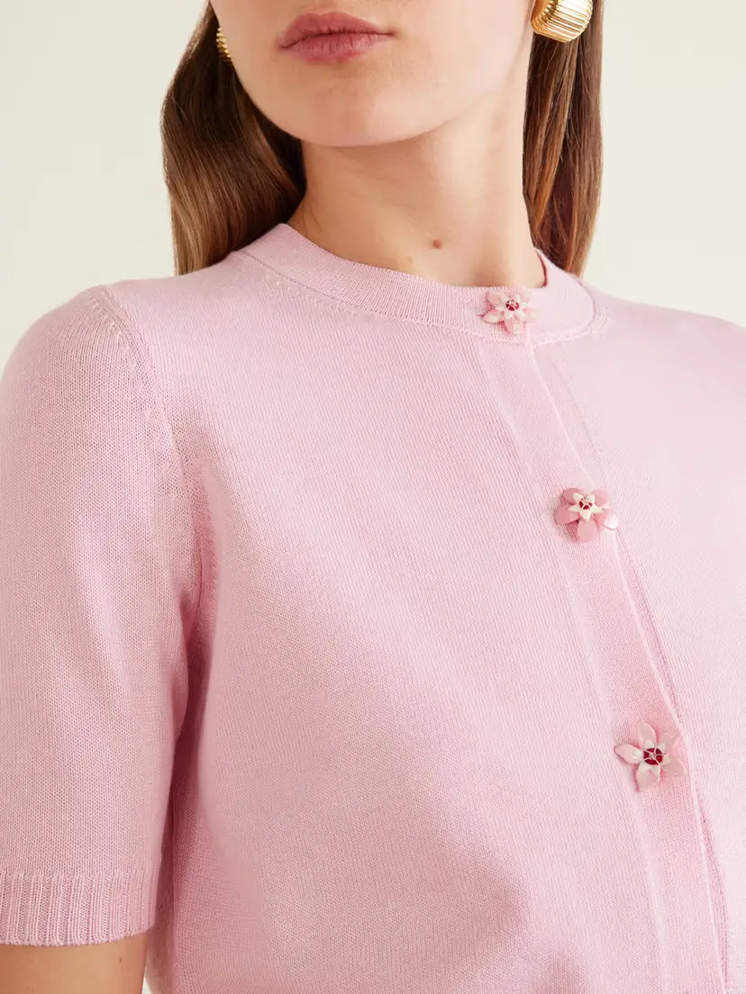 Oscar de la Renta Cropped Floral-embellished Cashmere Cardigan | Thumbnail 4