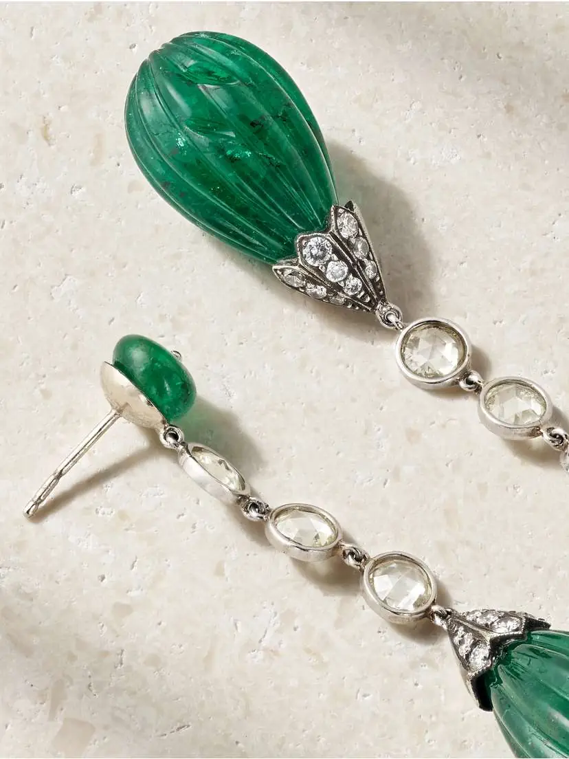 Eleuteri Vintage 2000s 18-karat White Gold, Emerald And Diamond Earrings - Green | Thumbnail 3