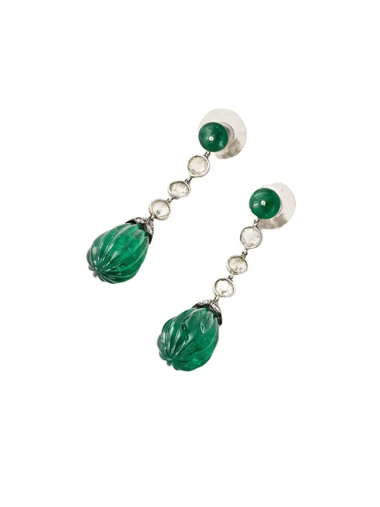 Vintage 2000s 18-karat White Gold, Emerald And Diamond Earrings - Green