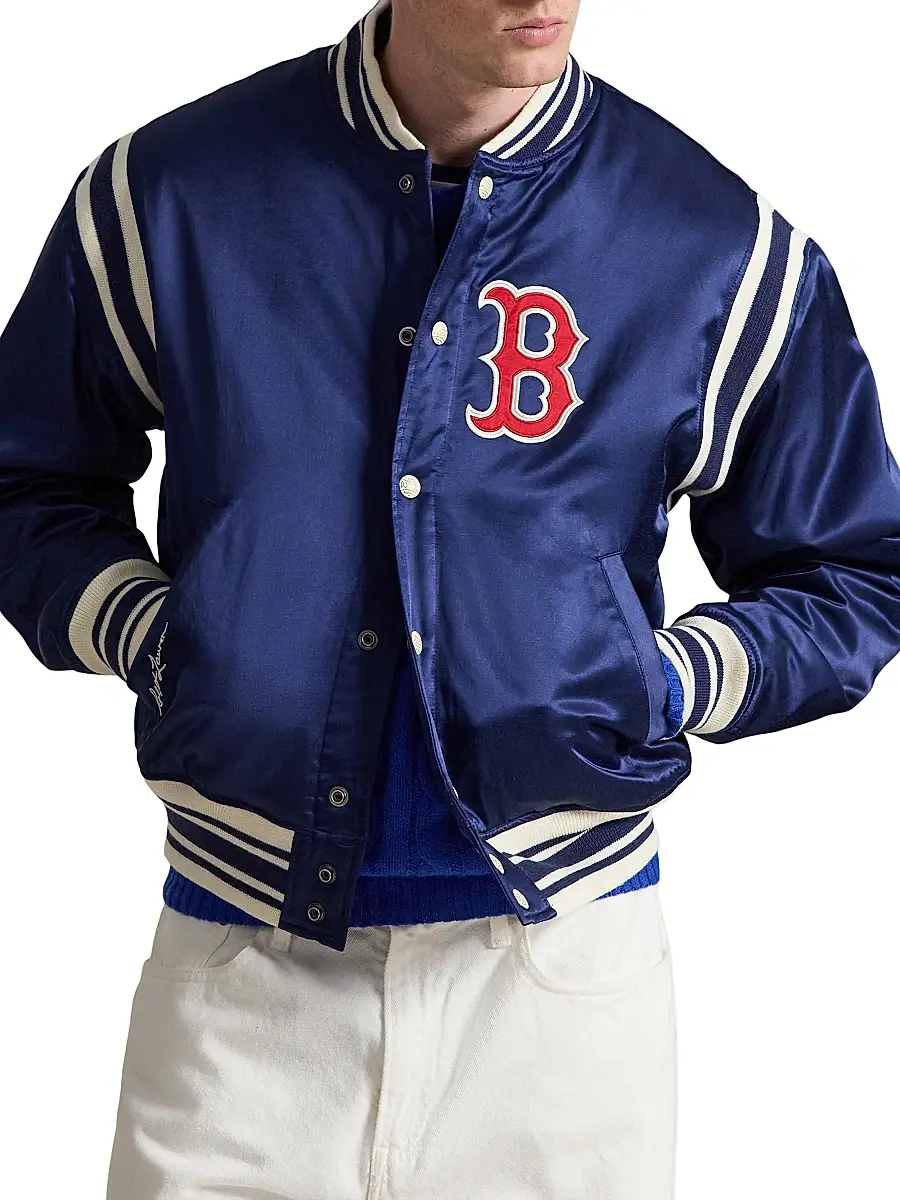 Polo Ralph Lauren Men's Red Sox Cotton-Blend Satin Bomber Jacket - Dark Cobalt - Size XXL | Image 1 Polo Ralph Lauren Men's Red Sox Cotton-Blend Satin Bomber Jacket - Dark Cobalt - Size XXL | Image 1