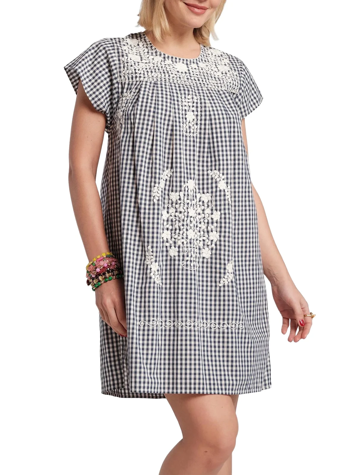 Women's Camila Floral-Embroidered Gingham Cotton Poplin Minidress