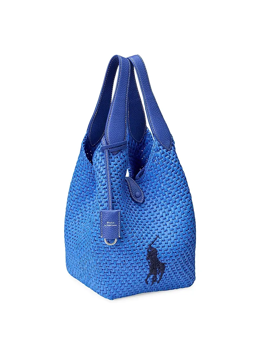 Polo Ralph Lauren Women's Embroidered Logo Raffia Leather Tote Bag | Thumbnail 2 Polo Ralph Lauren Women's Embroidered Logo Raffia Leather Tote Bag | Thumbnail 2