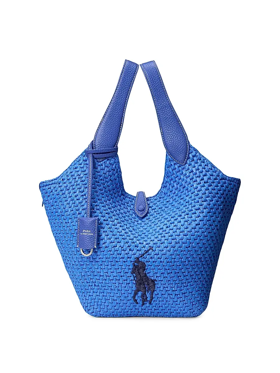 Polo Ralph Lauren Women's Embroidered Logo Raffia Leather Tote Bag