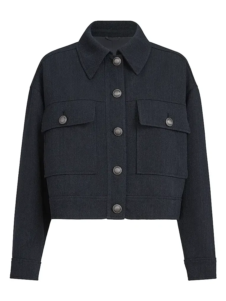 Women's Virgin Wool Crêpe Chevron Cropped Outerwear Jacket with Monili - Navy Blue Women's Virgin Wool Crêpe Chevron Cropped Outerwear Jacket with Monili - Navy Blue