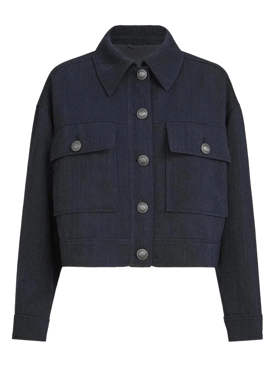 Women's Virgin Wool Crêpe Chevron Cropped Outerwear Jacket with Monili - Navy Blue Women's Virgin Wool Crêpe Chevron Cropped Outerwear Jacket with Monili - Navy Blue