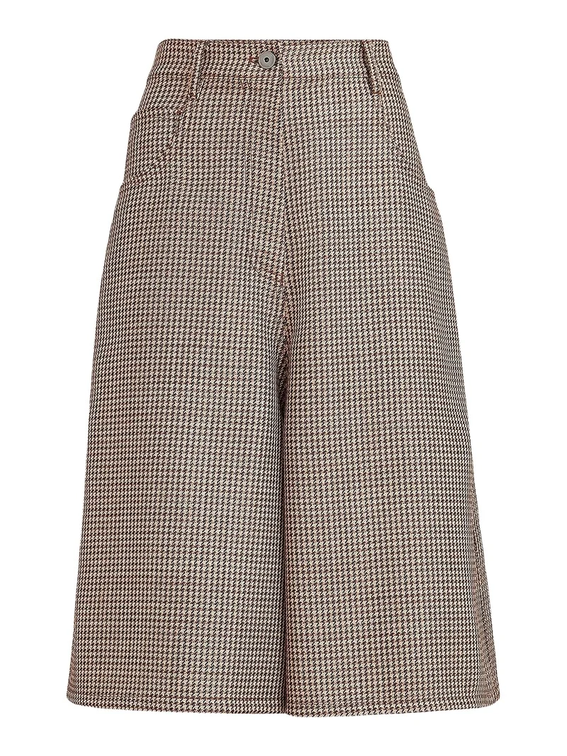 Women's Sparkling Virgin Wool Houndstooth Long Bermuda Shorts with Monili - Brown Women's Sparkling Virgin Wool Houndstooth Long Bermuda Shorts with Monili - Brown