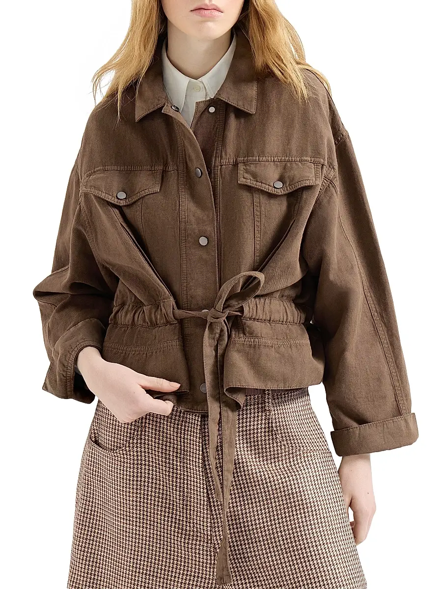 Brunello Cucinelli Women's Garment Dyed Outerwear Jacket in Cotton and Linen Cover with Monili - Cigar | Thumbnail 2 Brunello Cucinelli Women's Garment Dyed Outerwear Jacket in Cotton and Linen Cover with Monili - Cigar | Thumbnail 2