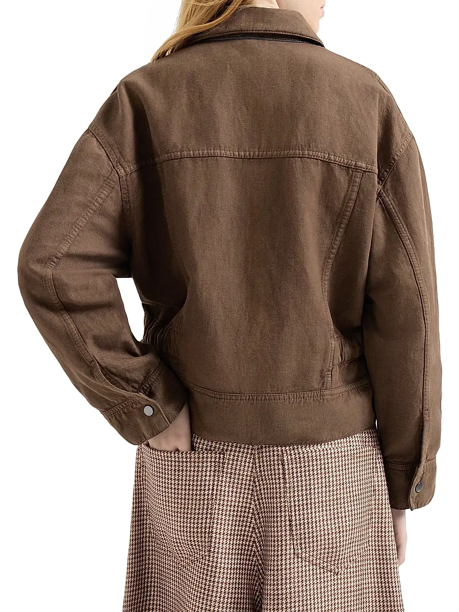 Brunello Cucinelli Women's Garment Dyed Outerwear Jacket in Cotton and Linen Cover with Monili - Cigar | Thumbnail 3 Brunello Cucinelli Women's Garment Dyed Outerwear Jacket in Cotton and Linen Cover with Monili - Cigar | Thumbnail 3