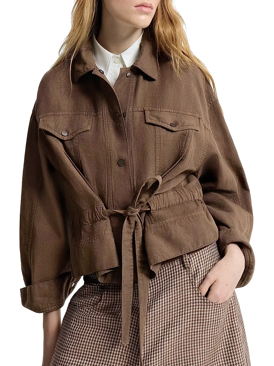 Brunello Cucinelli Women's Garment Dyed Outerwear Jacket in Cotton and Linen Cover with Monili - Cigar | Thumbnail 4 Brunello Cucinelli Women's Garment Dyed Outerwear Jacket in Cotton and Linen Cover with Monili - Cigar | Thumbnail 4