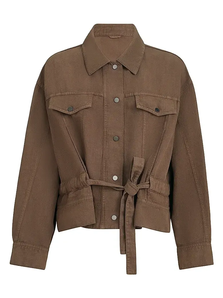 Women's Garment Dyed Outerwear Jacket in Cotton and Linen Cover with Monili - Cigar