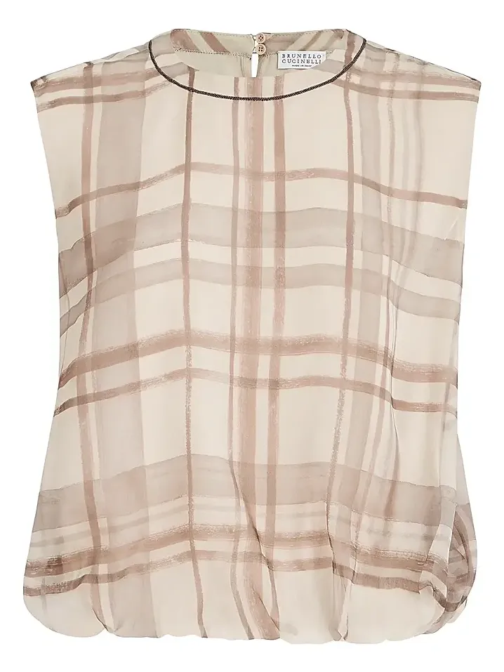 Women's Silk Organza T-Shirt in Macrocheck Print with Shiny Neck Detail Women's Silk Organza T-Shirt in Macrocheck Print with Shiny Neck Detail