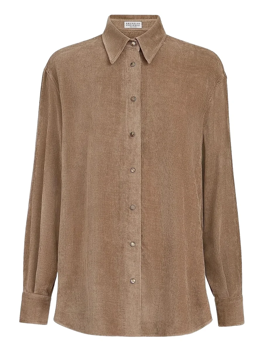 Women's Fluid Corduroy Shirt with Monili - Espresso