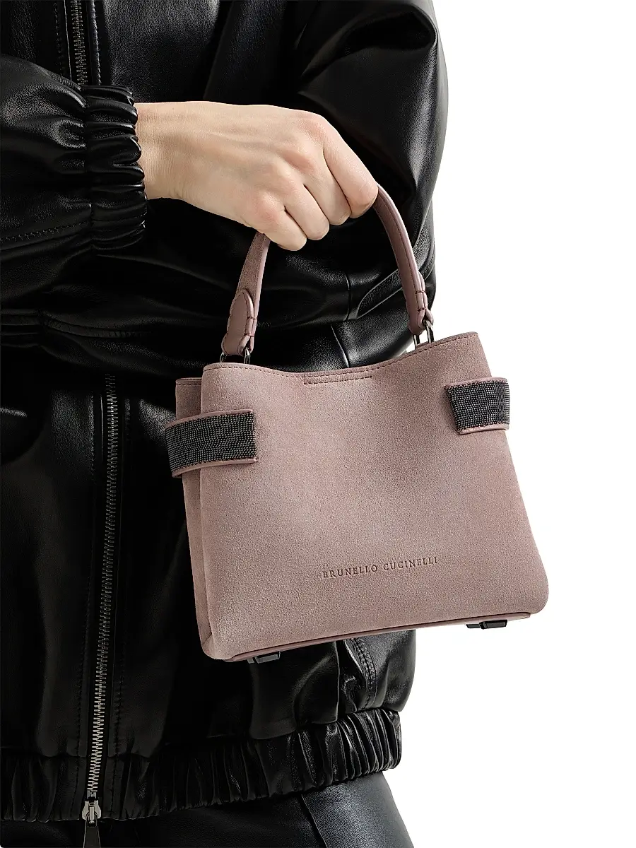 Brunello Cucinelli Women's Essence Small Top Handle Bag in Suede with Precious Bands - Pink | Thumbnail 2 Brunello Cucinelli Women's Essence Small Top Handle Bag in Suede with Precious Bands - Pink | Thumbnail 2