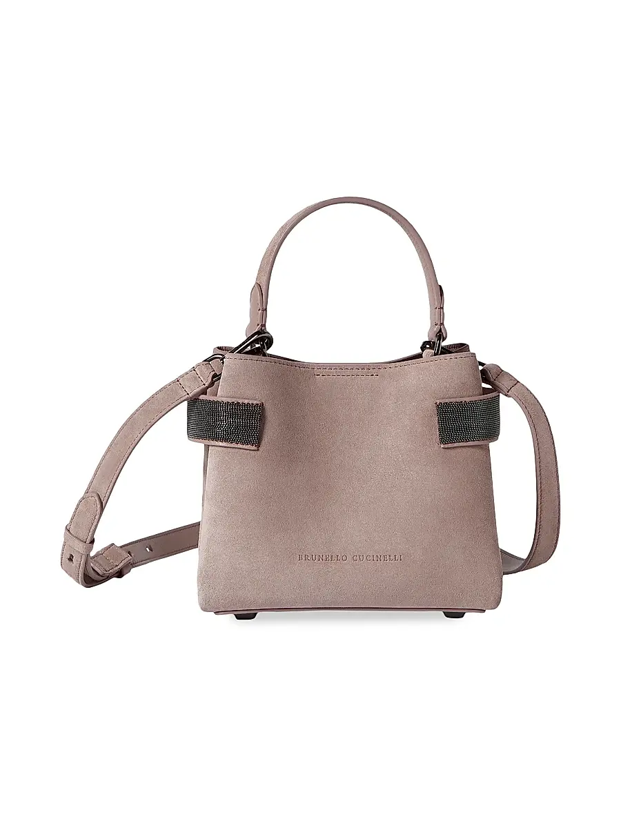 Brunello Cucinelli Women's Essence Small Top Handle Bag in Suede with Precious Bands - Pink