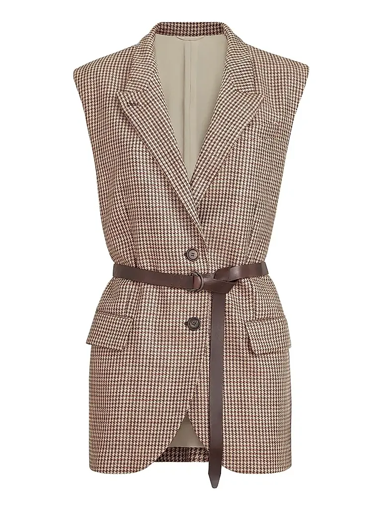 Women's Sparkling Virgin Wool Houndstooth Vest with Leather Inserts, Belt and Monili - Brown