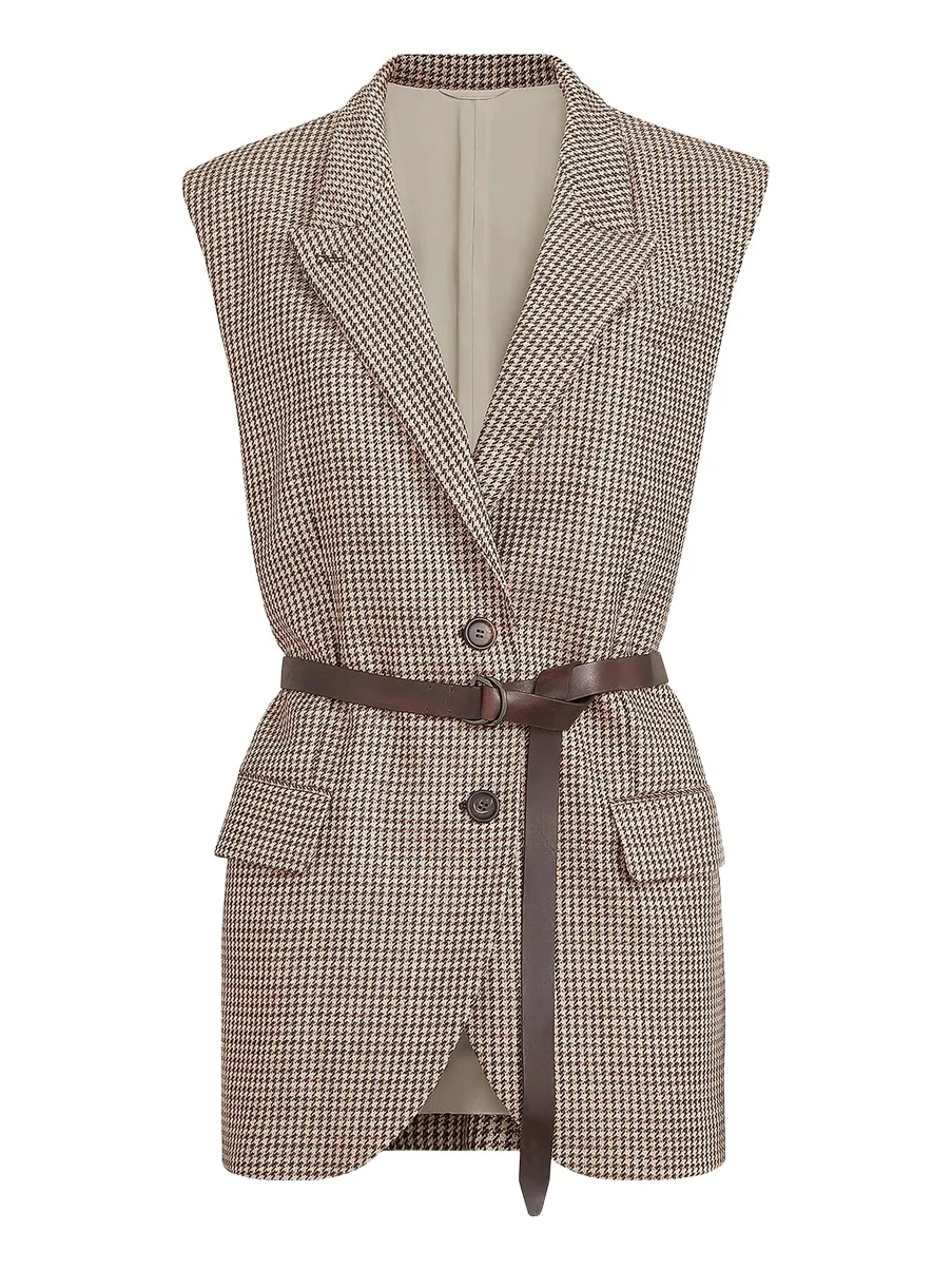 Women's Sparkling Virgin Wool Houndstooth Vest with Leather Inserts, Belt and Monili - Brown Women's Sparkling Virgin Wool Houndstooth Vest with Leather Inserts, Belt and Monili - Brown