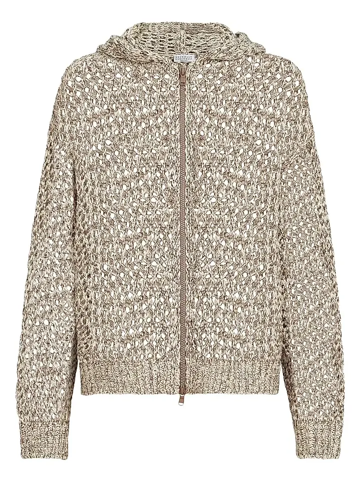 Women's Dazzling Chiné Net Hooded Cardigan in Silk and Linen with Zipper - Rope