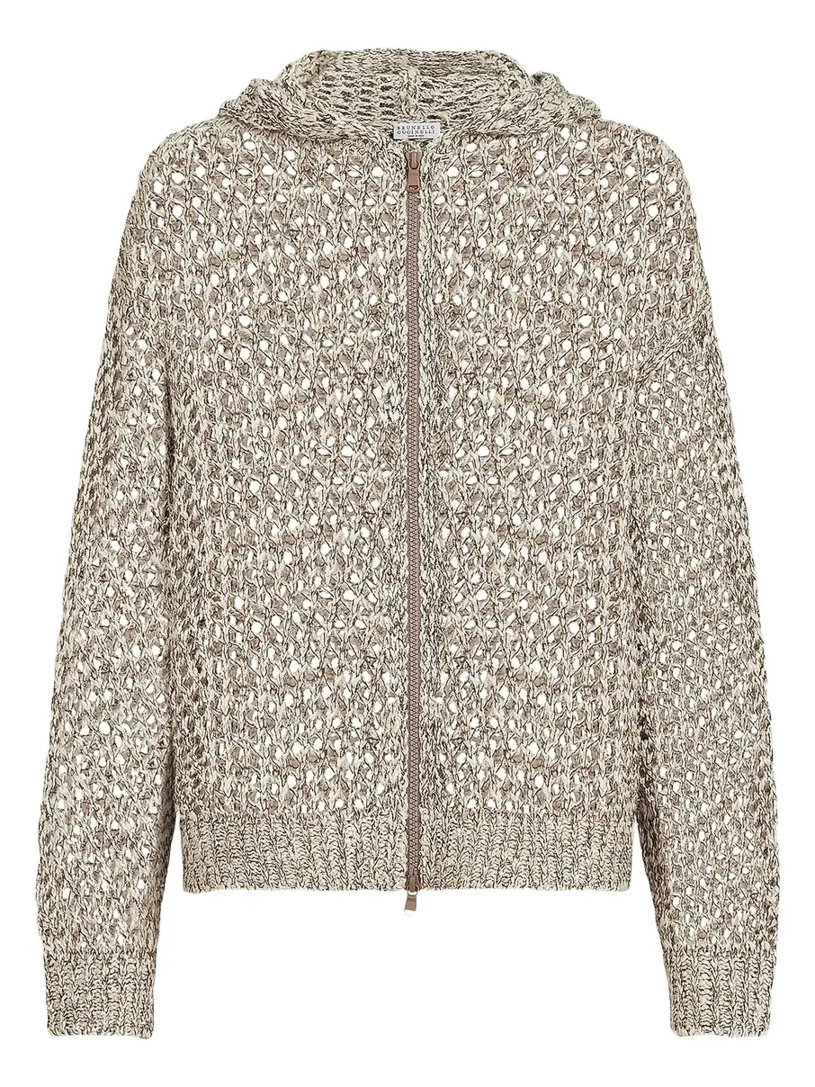 Women's Dazzling Chiné Net Hooded Cardigan in Silk and Linen with Zipper - Rope Women's Dazzling Chiné Net Hooded Cardigan in Silk and Linen with Zipper - Rope