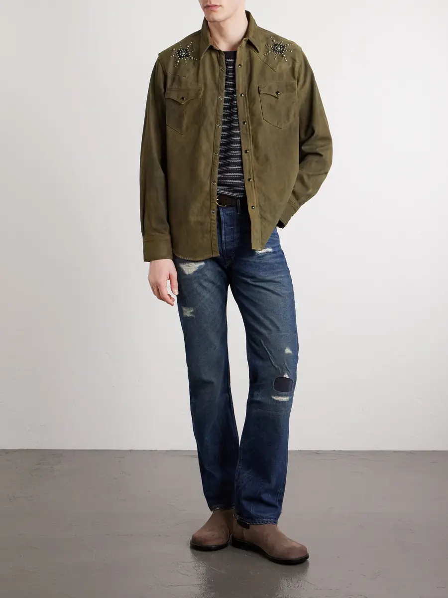 RRL Buffalo West Studded Leather-Trimmed Denim Shirten | Thumbnail 2