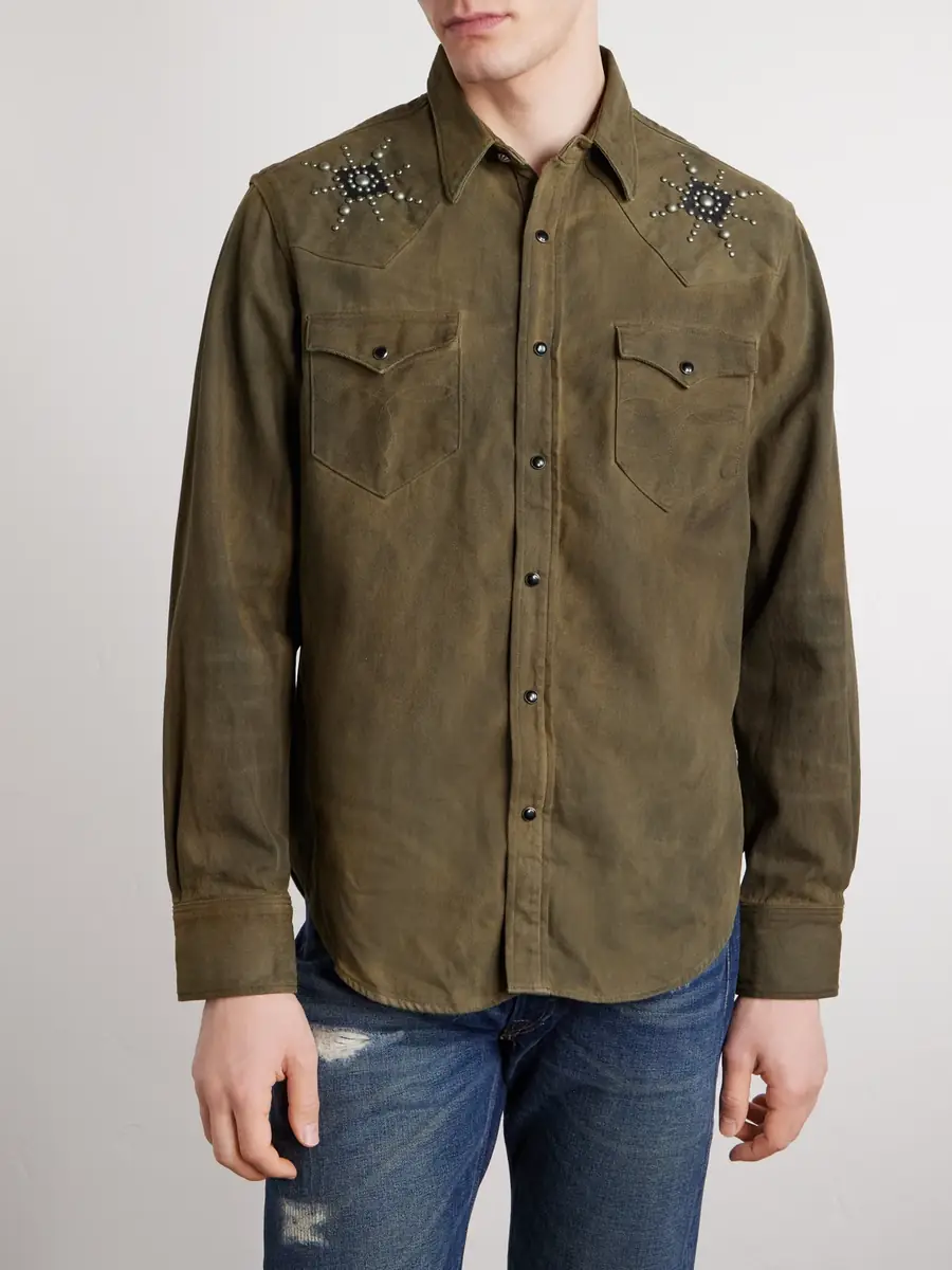 RRL Buffalo West Studded Leather-Trimmed Denim Shirten | Thumbnail 3