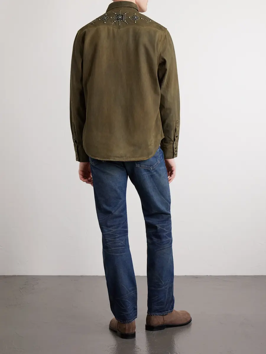 RRL Buffalo West Studded Leather-Trimmed Denim Shirten | Thumbnail 4