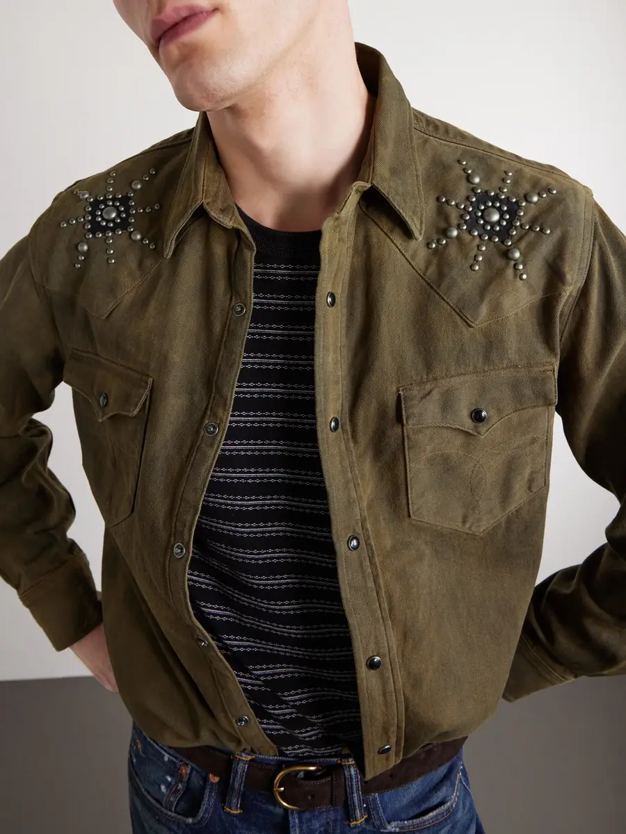 RRL Buffalo West Studded Leather-Trimmed Denim Shirten | Thumbnail 5