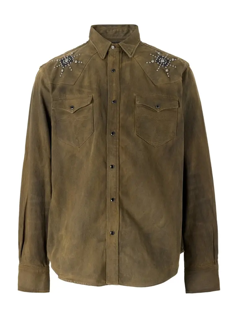 Buffalo West Studded Leather-Trimmed Denim Shirten Buffalo West Studded Leather-Trimmed Denim Shirten