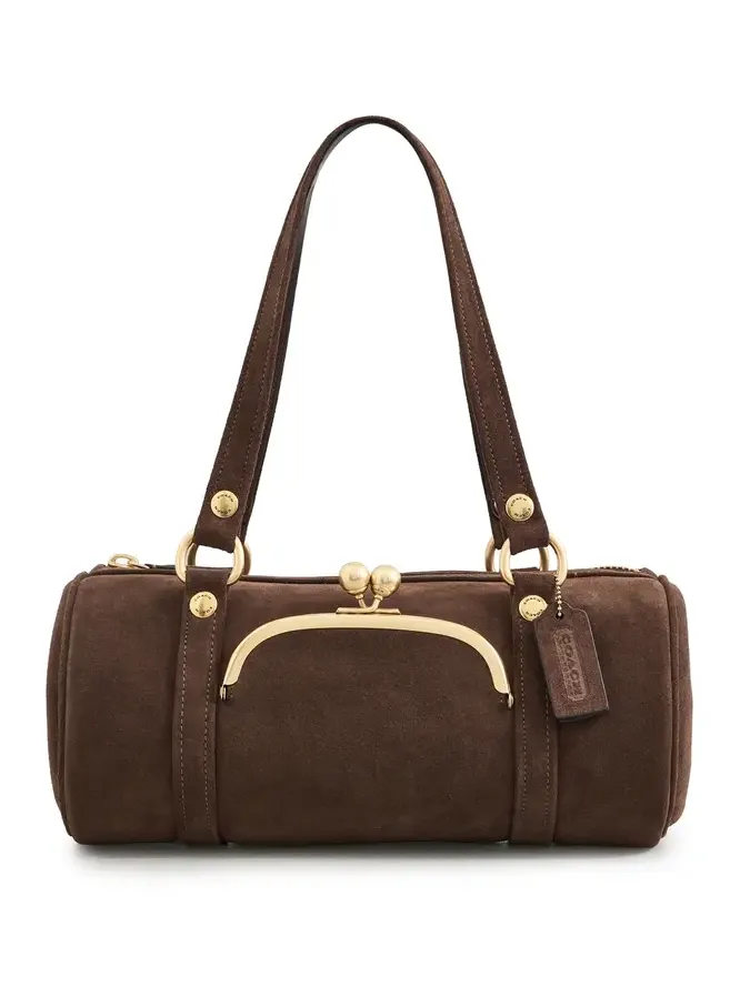 Suede Kisslock Barrel Bag