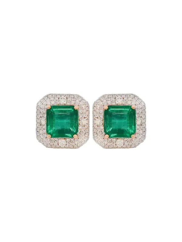 8.58ct Diamond Emerald 14K Gold Cluster Stud Earrings