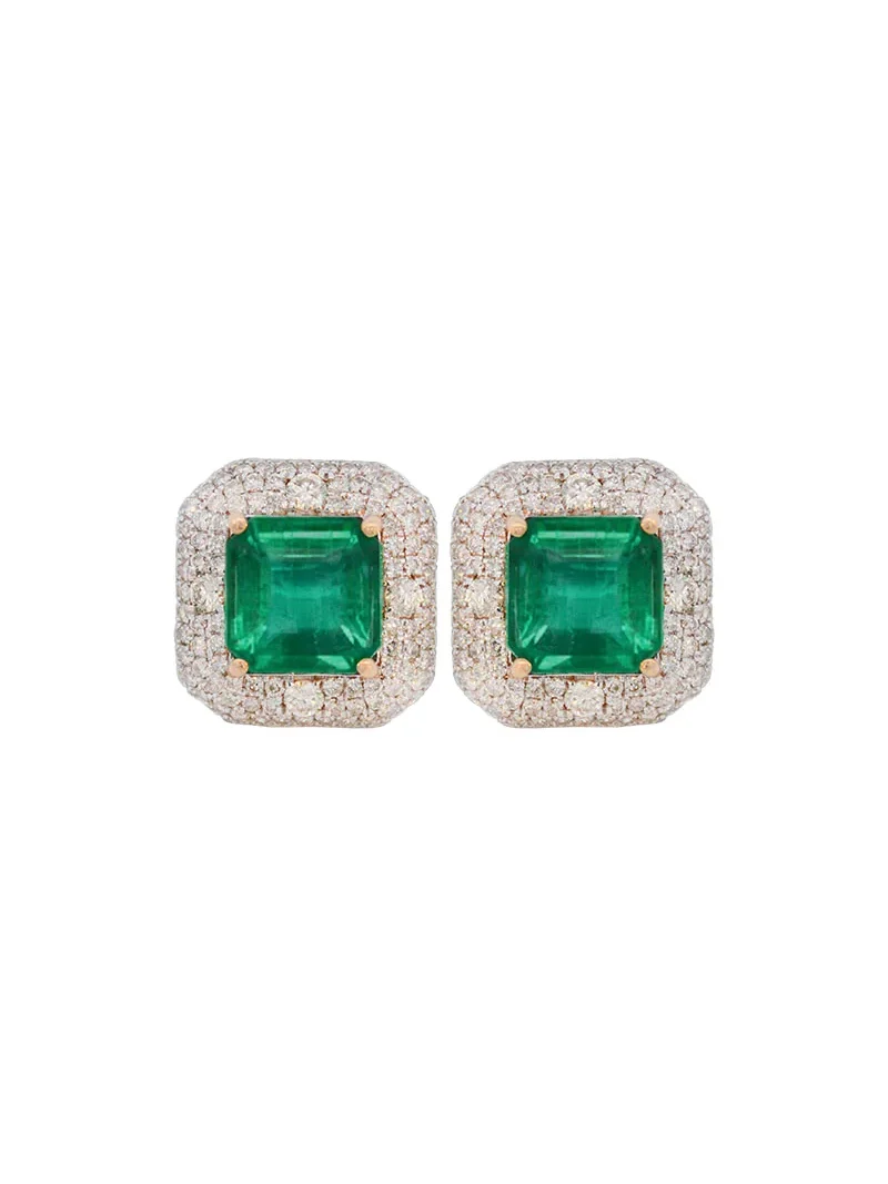 8.58ct Diamond Emerald 14K Gold Cluster Stud Earrings 8.58ct Diamond Emerald 14K Gold Cluster Stud Earrings