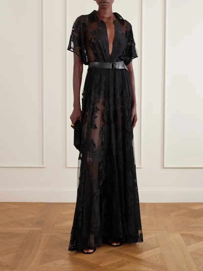 Norma Kamali Belted Embroidered Mesh Gown | Thumbnail 2 Norma Kamali Belted Embroidered Mesh Gown | Thumbnail 2