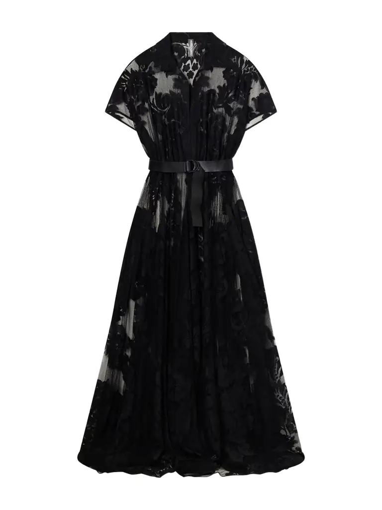Norma Kamali Belted Embroidered Mesh Gown