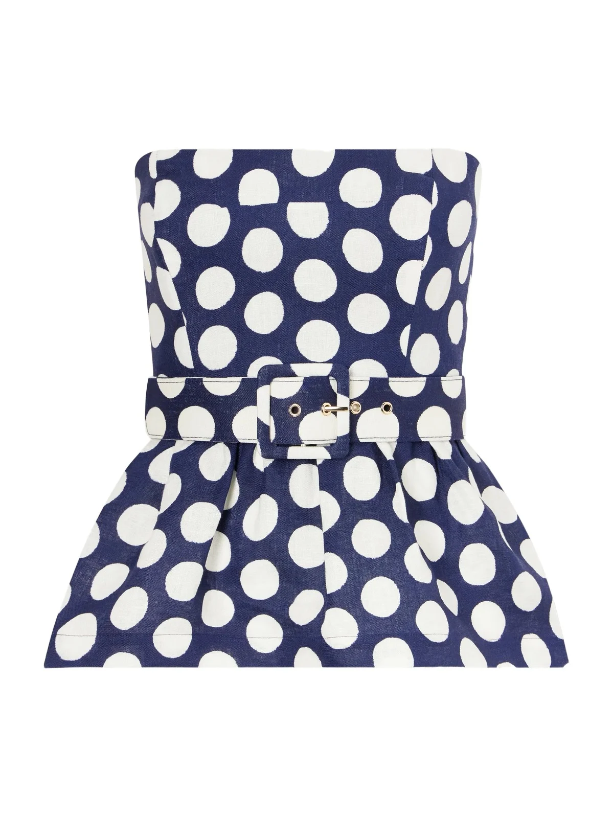 Cara Cara Tilda Strapless Belted Peplum Polka Dot Linen Top