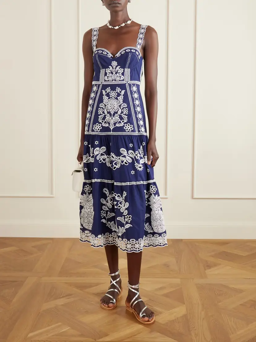 Farm Rio Tiered Embroidered Cotton-poplin Midi Dress | Thumbnail 2 Farm Rio Tiered Embroidered Cotton-poplin Midi Dress | Thumbnail 2