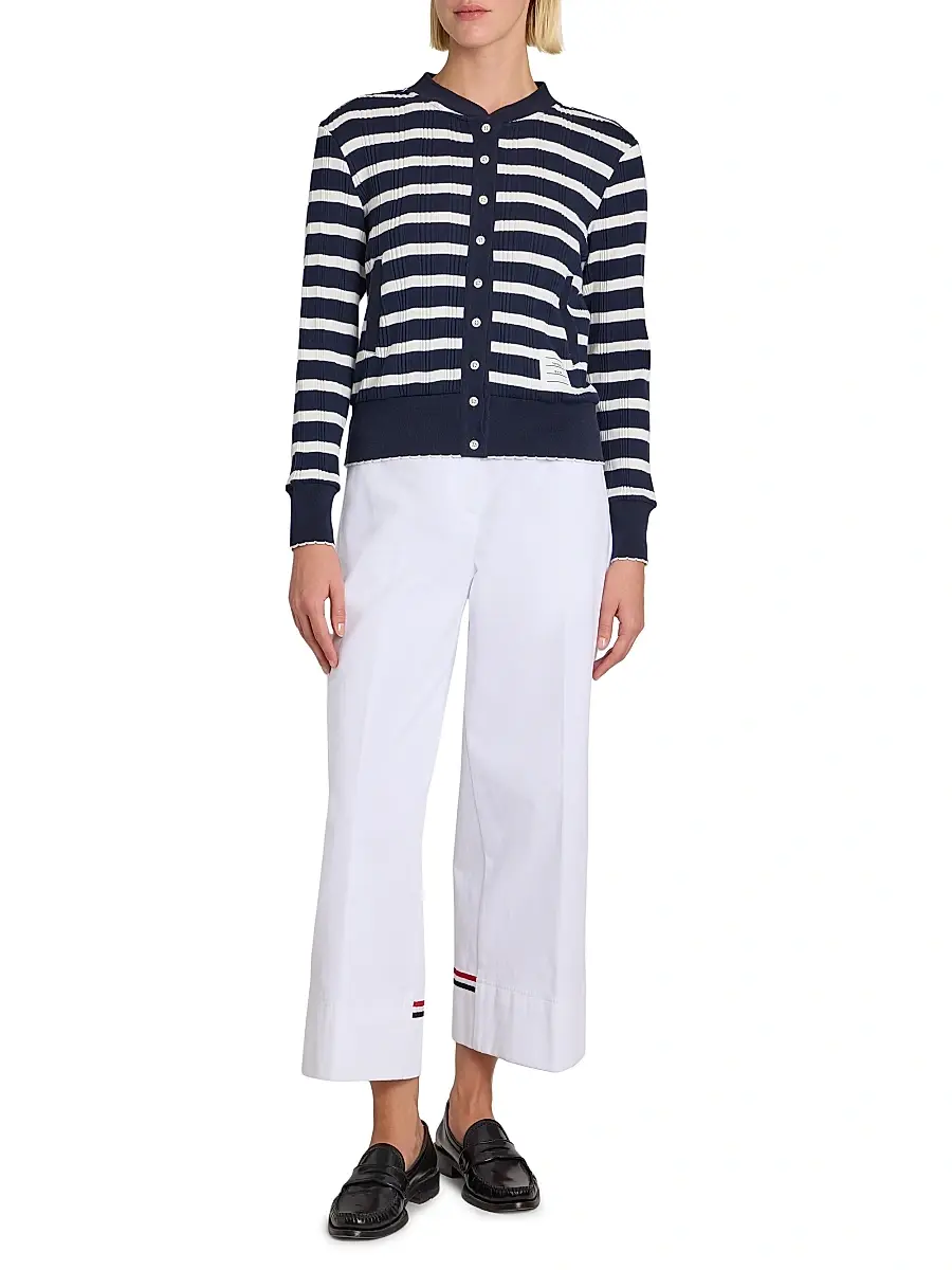 Thom Browne Women's Stripe Rib-Knit Cotton Cardigan - Navy White | Thumbnail 2