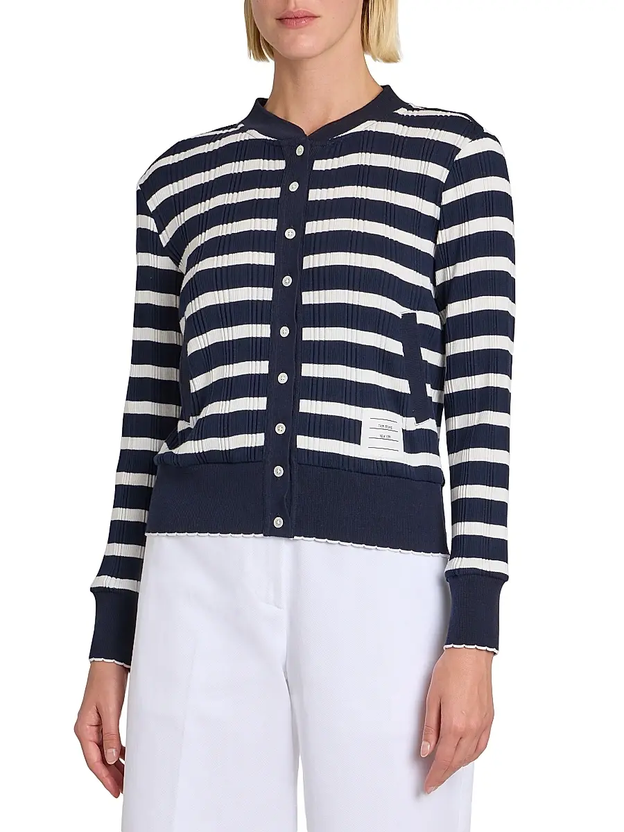 Thom Browne Women's Stripe Rib-Knit Cotton Cardigan - Navy White | Thumbnail 3
