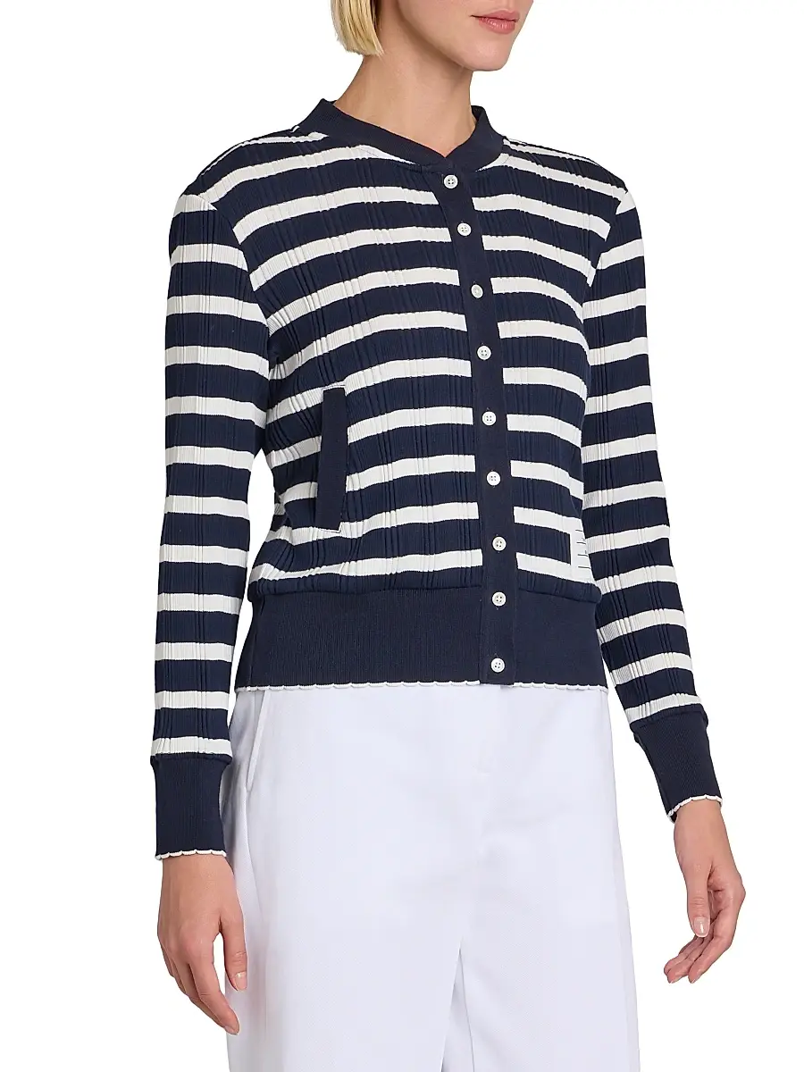 Thom Browne Women's Stripe Rib-Knit Cotton Cardigan - Navy White | Thumbnail 4