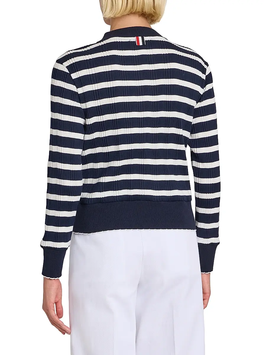 Thom Browne Women's Stripe Rib-Knit Cotton Cardigan - Navy White | Thumbnail 5