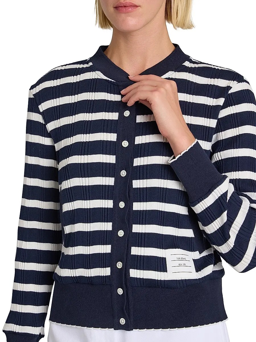 Thom Browne Women's Stripe Rib-Knit Cotton Cardigan - Navy White | Thumbnail 6