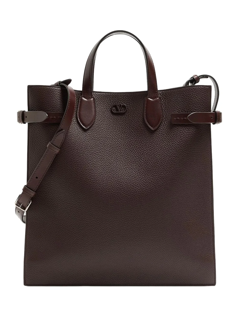 Valentino Men's Antibes Medium Shopping Bag in Grained Leather - Dark Brown
