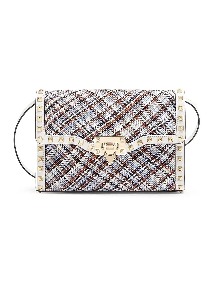 Women's Rockstud Small Crossbody Bag in Woven Fabric - White Multicolor Women's Rockstud Small Crossbody Bag in Woven Fabric - White Multicolor