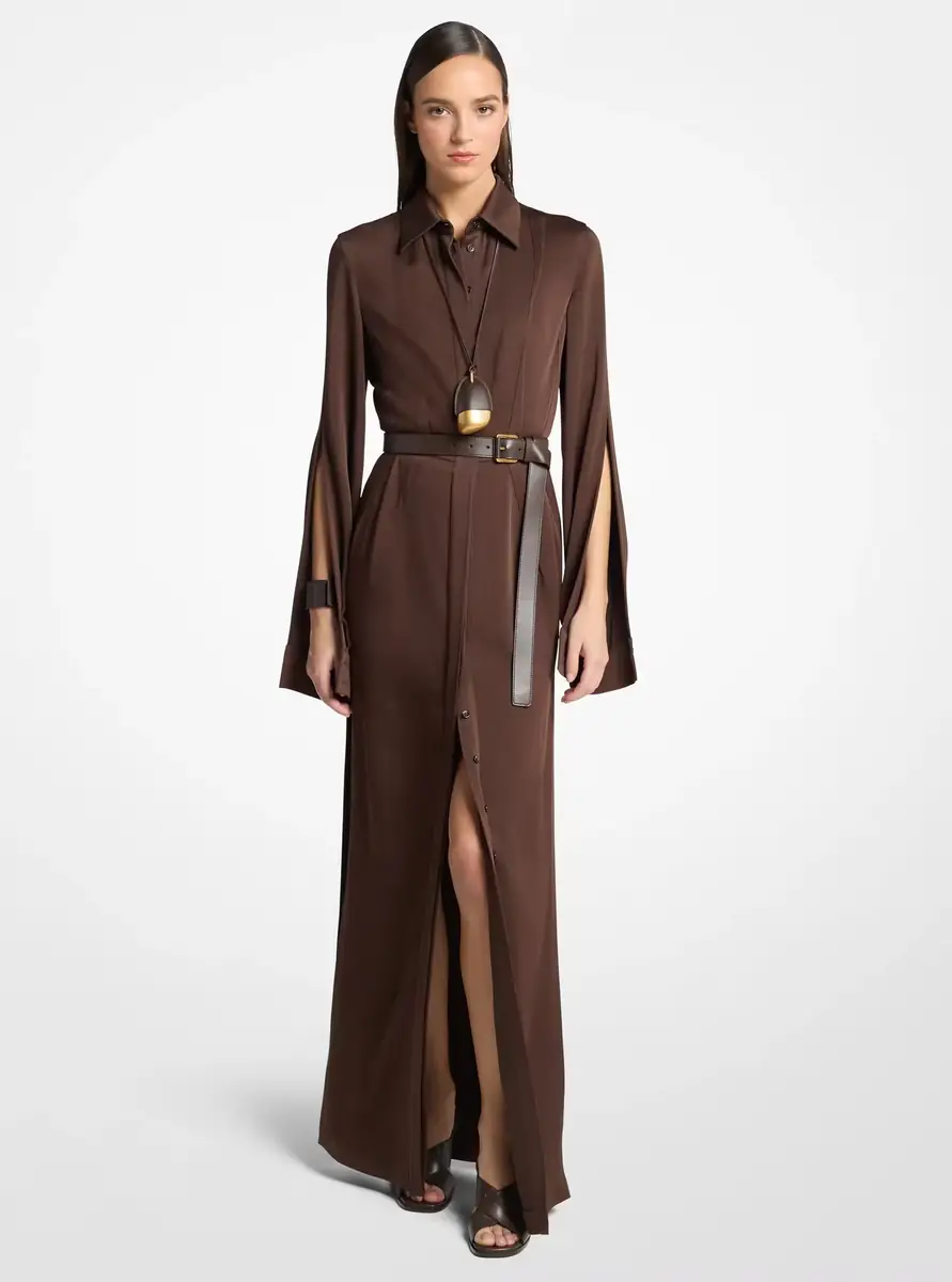 Michael Kors Collection Techno Satin Slit-Sleeve Shirtdress in Brown | Thumbnail 2 Michael Kors Collection Techno Satin Slit-Sleeve Shirtdress in Brown | Thumbnail 2